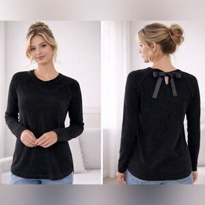 Chenille Ribbon/Tie on Back Neck Sweater BLACK Size S